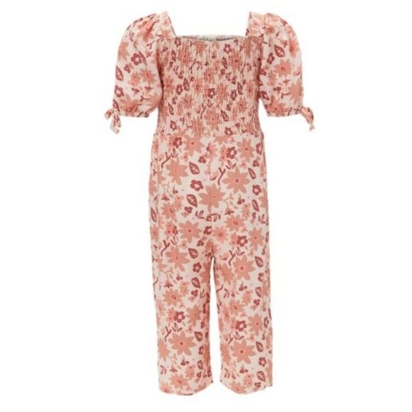 NEW Jessica Simpson Pink Floral Smocked Button-Front Puff Sleeve Romper - Picture 4 of 12